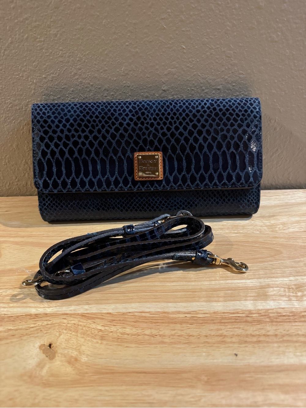 Dooney & Bourke Navy Lizard Embossed Clutch with Removable Crossbody Strap